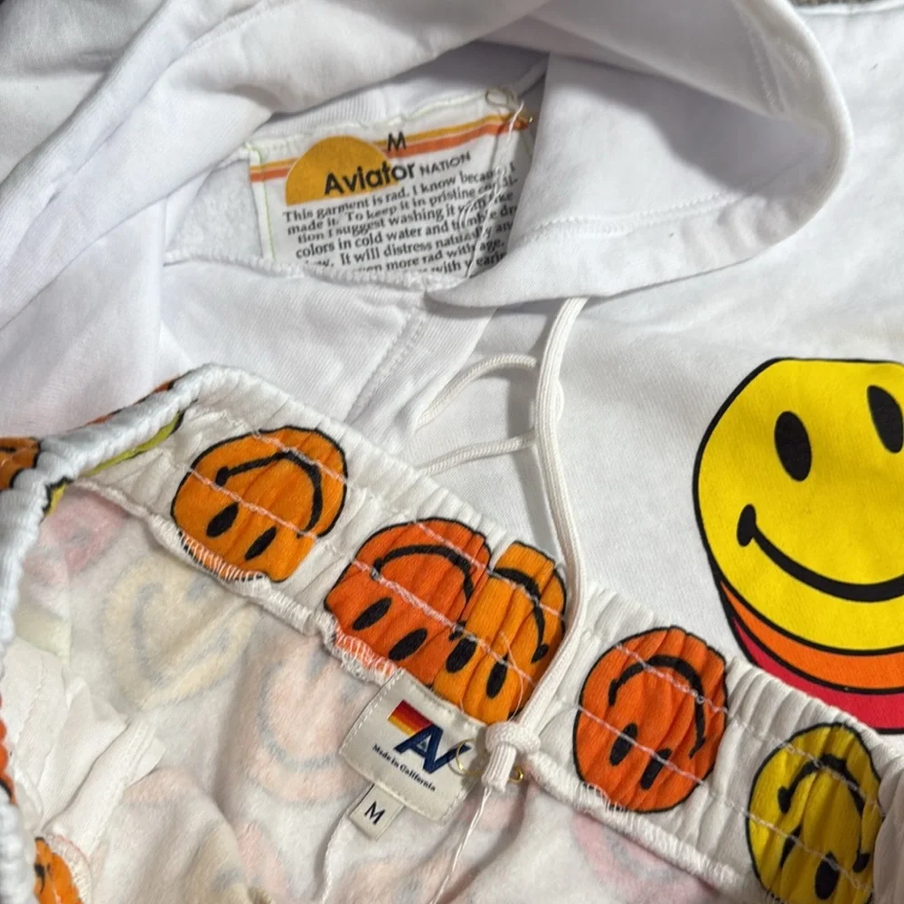 Aviator Nation Smiley Face Repeat‎ Set Shorts//Sleeveless Hoodie Size Medium - Picture 3 of 9